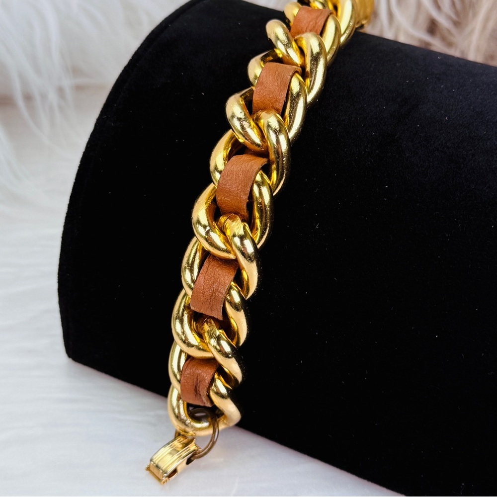 Vintage goldtone chunky chain, brown woven bracelet - Picture 8 of 9